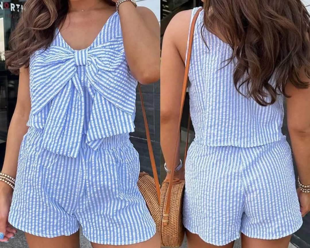 Blue Stripe V Neck Bowknot Crop Tank and Shorts Set Presale