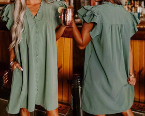 Green Ruffle Sleeve V Neck Frilled Shift Dress Presale