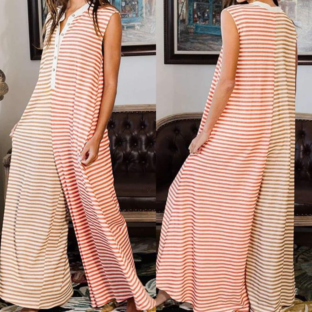 Orange Stripe Oversized Buttoned Front Sleeveless Wide Leg Jumpsuit Presale