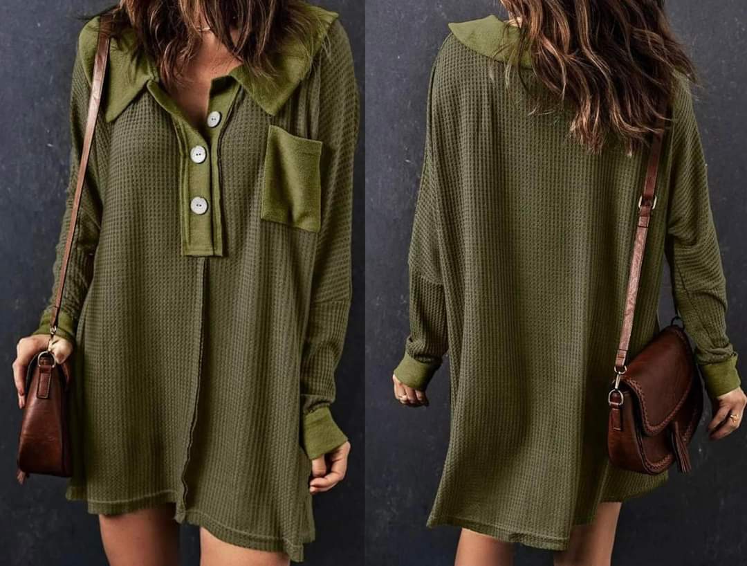Green Waffle Knit Buttoned Long Sleeve Top Presale