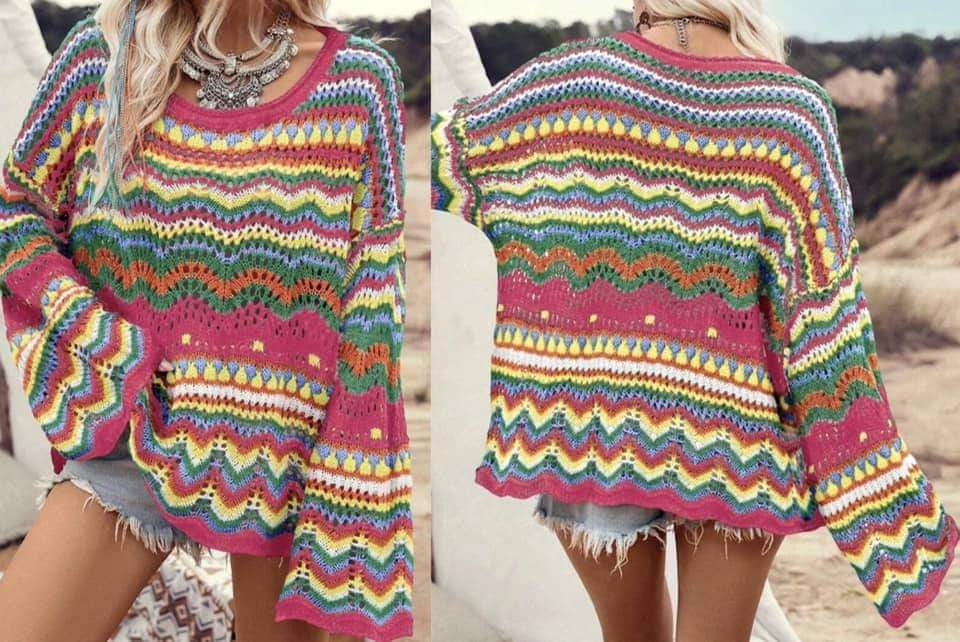 Colorblock Striped Hollowed Knit Loose Sleeve Sweater Presalw