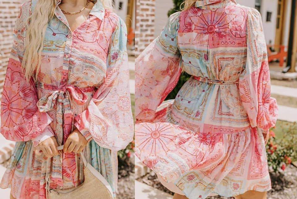 Pink Patchwork Print Bubble Sleeves Belted Plus Size Dress Presale
