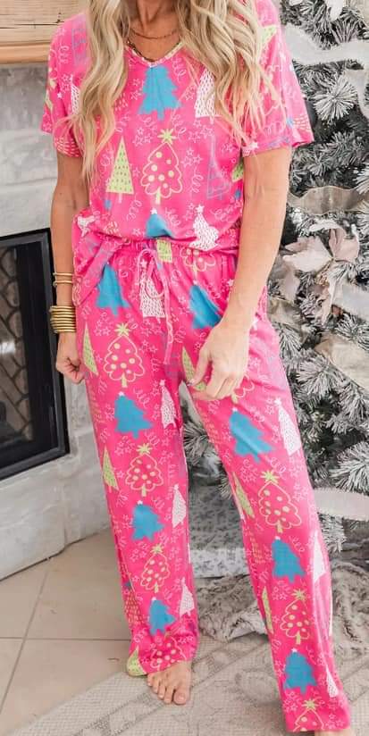 Rose Christmas Tree Print V Neck Tee and Pants Lounge Set Presale