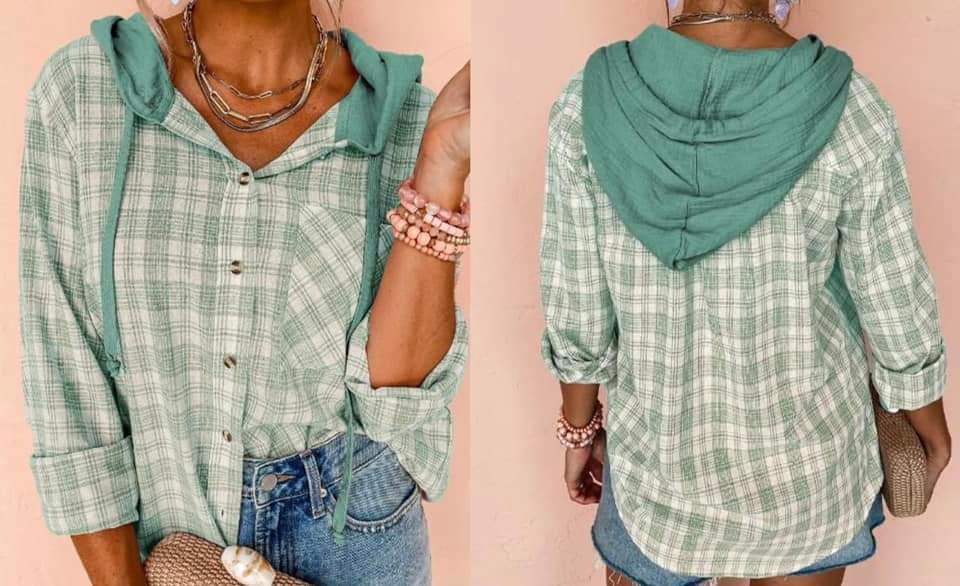 Green Checkered Print Loose Fit Buttoned Hooded Shacket Presale
