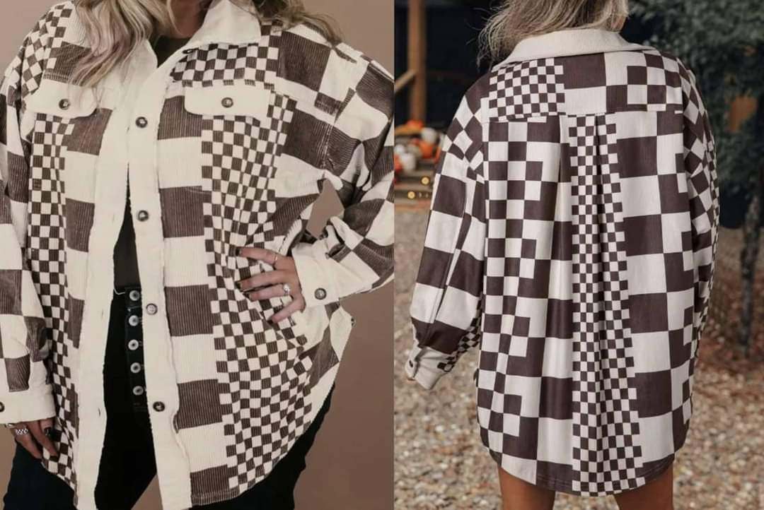 Brown Checkered Print Patchwork Corduroy Shacket PRESALE