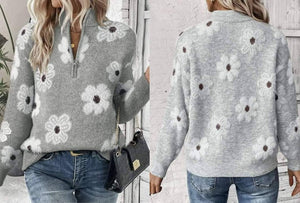 Gray Floral Pattern Half Zip Drop Shoulder Sweater Presale