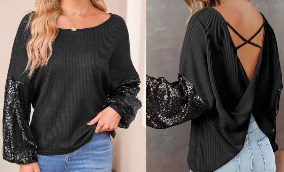 Black Sequin Patchwork Sleeve Open Back Waffle Knit Top Presale