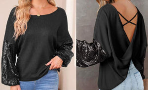 Black Sequin Patchwork Sleeve Open Back Waffle Knit Top Presale