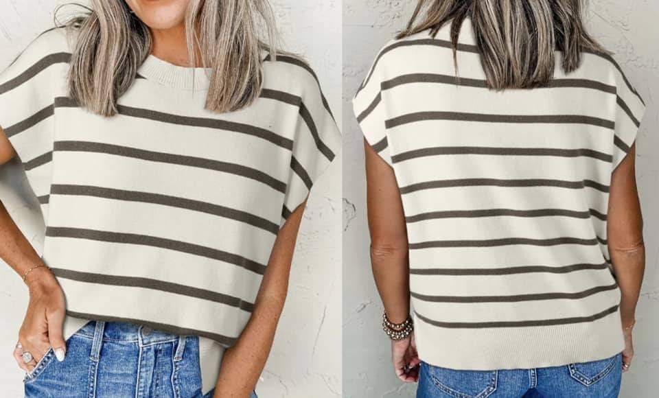 Brown Stripe Side Slits Crewneck Short Sleeve Sweater Tee Presale