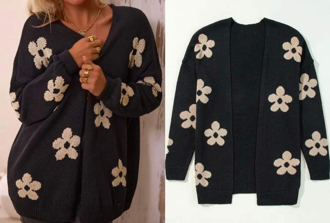 Black Floral Print Knitted Open Front Loose Cardigan Presale