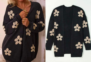 Black Floral Print Knitted Open Front Loose Cardigan Presale