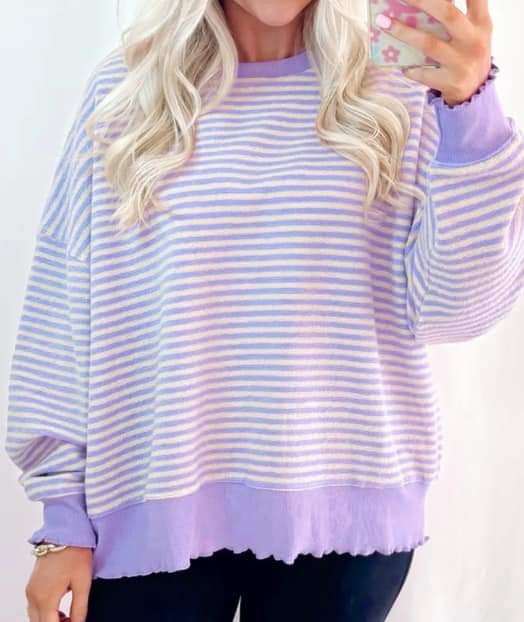 Purple Stripe Loose Drop Shoulder Long Sleeve Top Presale