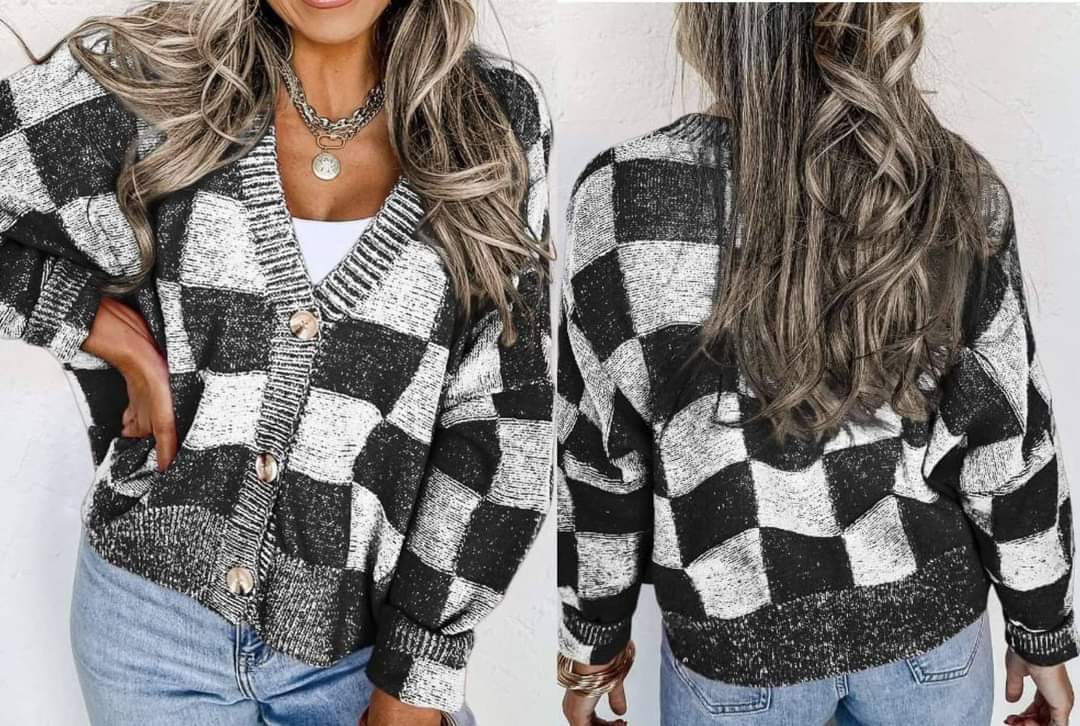Black Checkered Drop Shoulder Buttoned V Neck Cardigan Presale