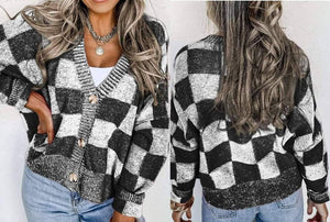 Black Checkered Drop Shoulder Buttoned V Neck Cardigan Presale