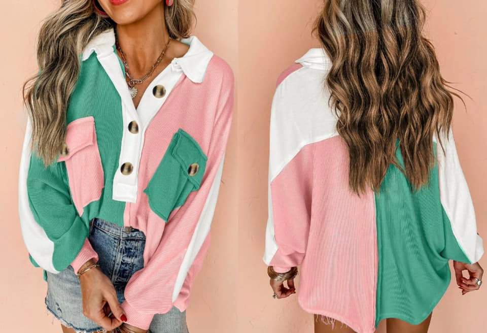 Pink Colorblock Ribbed Collared Oversized Sweatshirt Presale