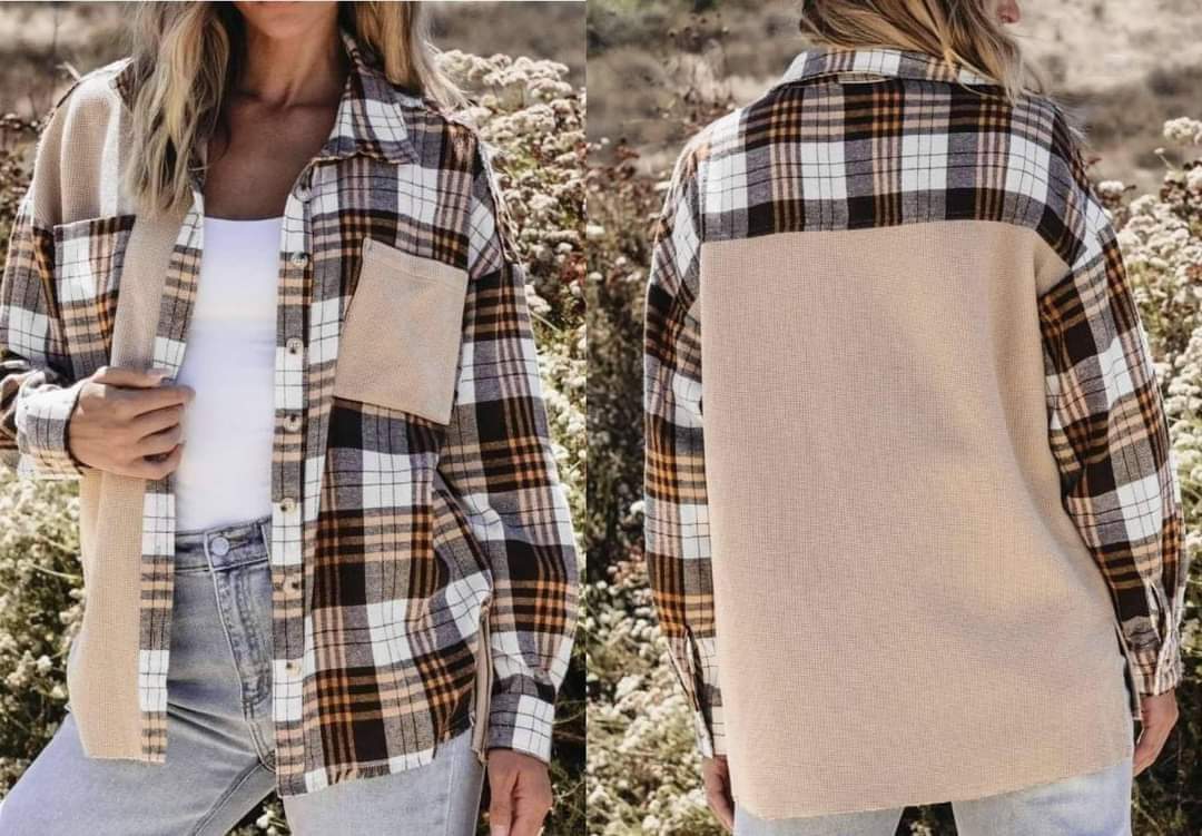 Khaki Knit Plaid Patchwork Shacket Presale