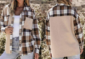 Khaki Knit Plaid Patchwork Shacket Presale