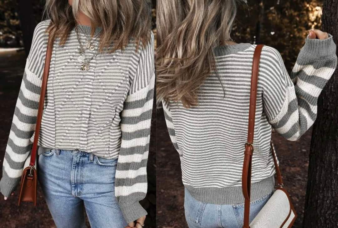 Gray Stripe Geometric Textured Drop Shoulder Sweater Presale