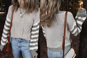 Gray Stripe Geometric Textured Drop Shoulder Sweater Presale