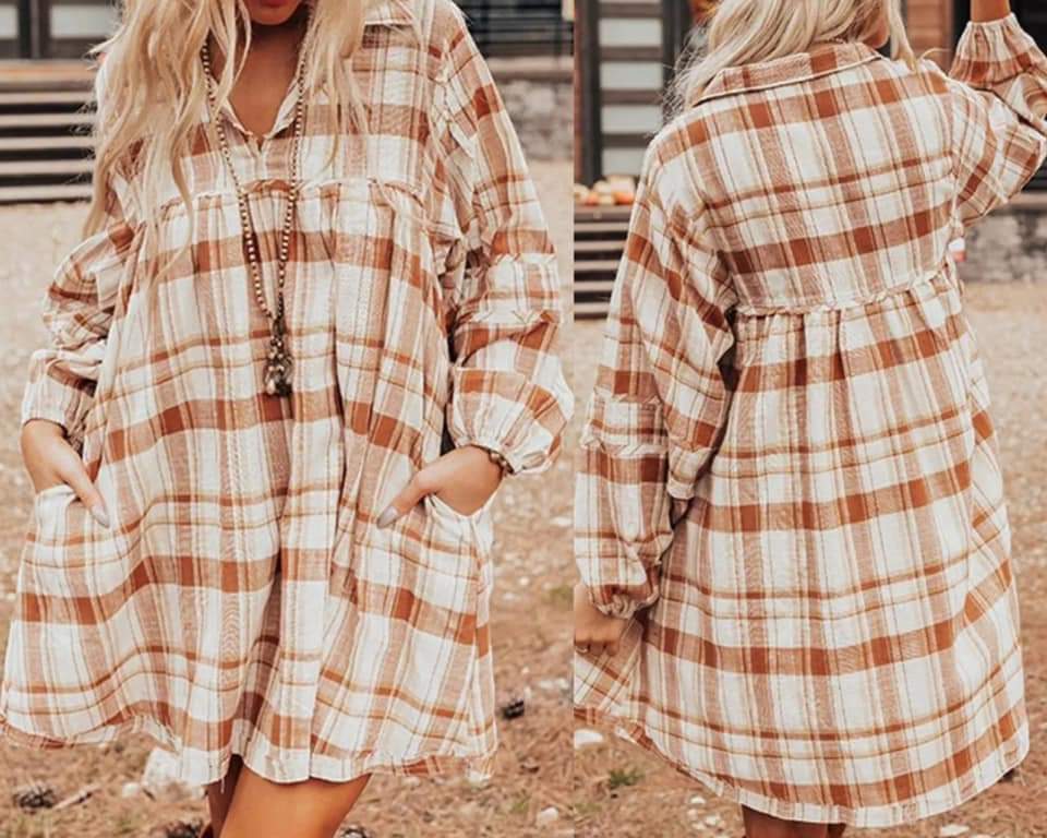 Brown Plaid Print Side Pockets Frilled Babydoll Mini Dress Presale