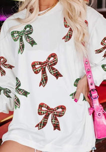 White Plaid Bowknot Pattern Corded Oversized Sweatshirt Presale