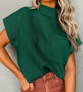 Green Patch Pocket Ribbed Knit Short Sleeve Sweater Presale