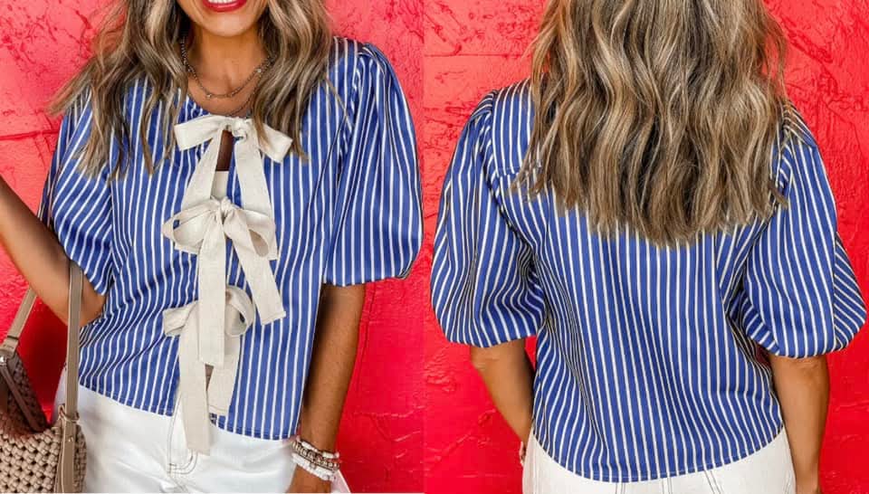 Blue Stripe Tied Front Puff Short Sleeve Blouse Presale