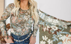 Green Floral Print Mesh Fitted Long Sleeve Top Presale