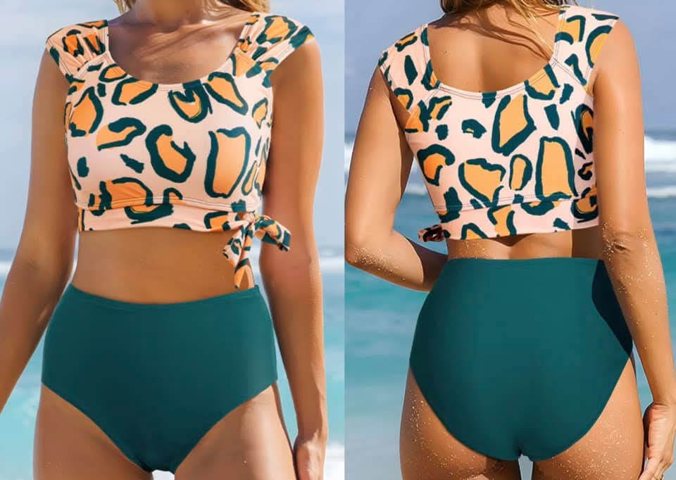 Green Leopard Print U Neck Knotted High Waist Bikini Set Presale
