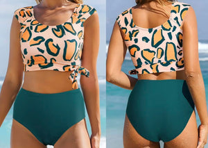Green Leopard Print U Neck Knotted High Waist Bikini Set Presale