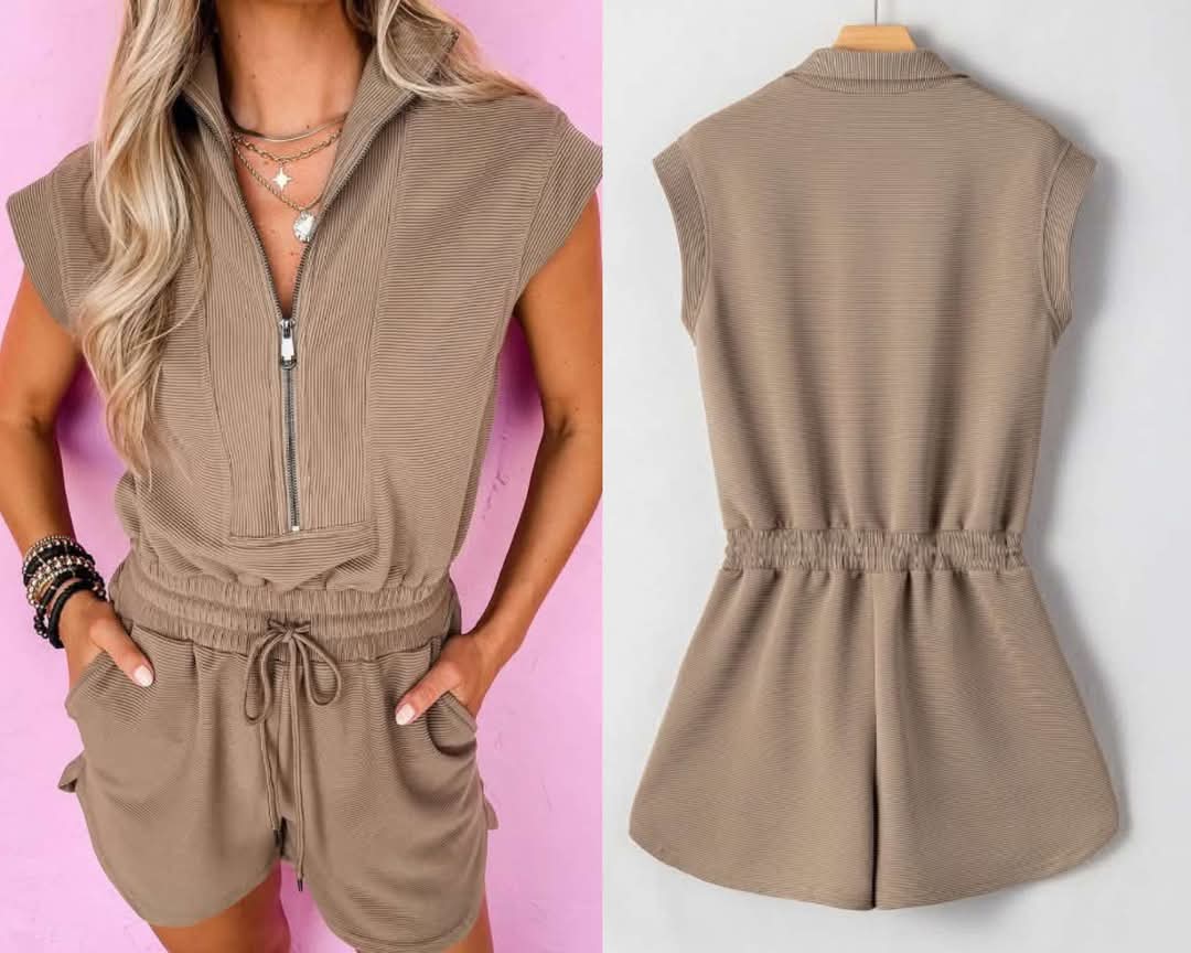 Khaki Textured Short Sleeve Half Zip Drawstring Waist Romper Presale