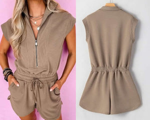 Khaki Textured Short Sleeve Half Zip Drawstring Waist Romper Presale