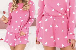Pink Heart Print Long Sleeve Tee and Shorts Lounge Set Presale