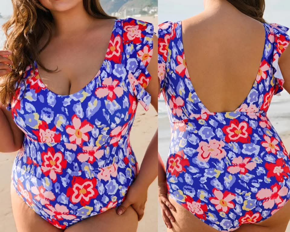 Blue Floral Print Ruffled V Neck High Waist One Piece Swimwear Plus Presale