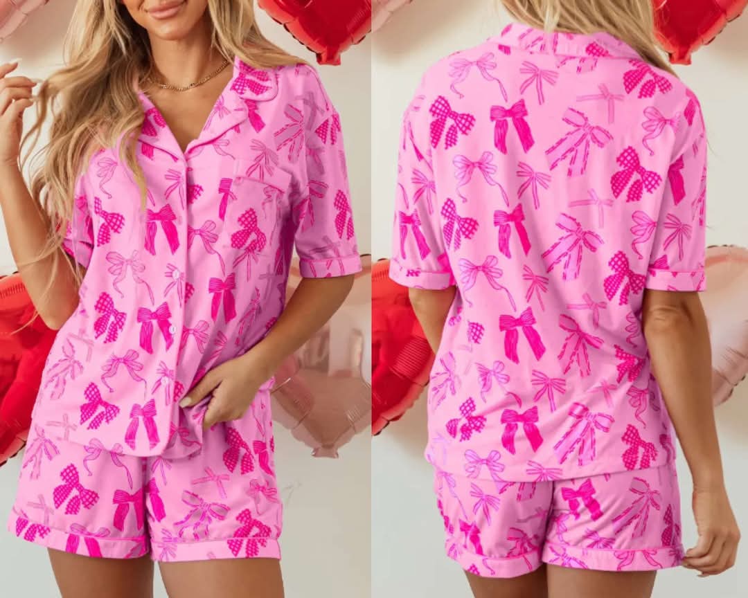 Pink Bow Print Half Sleeve Shirt and Shorts Pajamas Set Presale