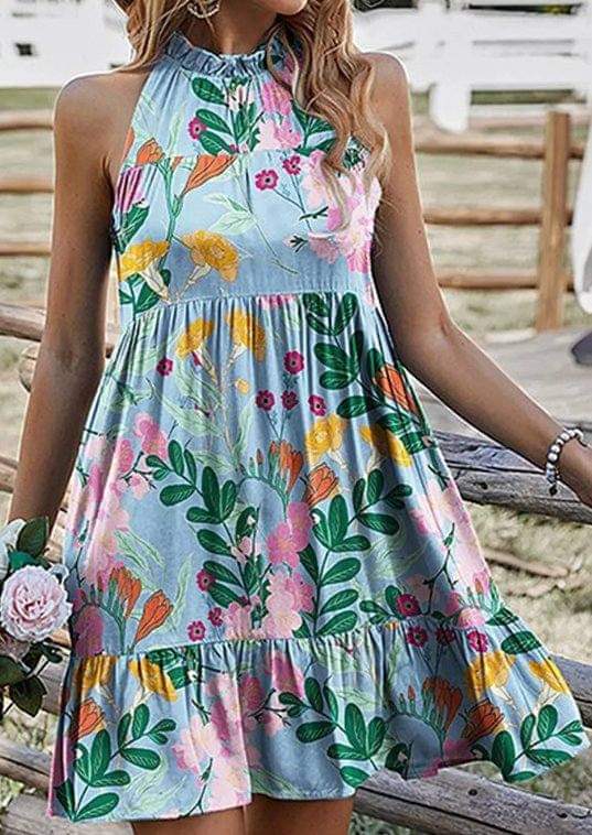 Sky Blue Floral Ruffle Mock Neck Dress Presale