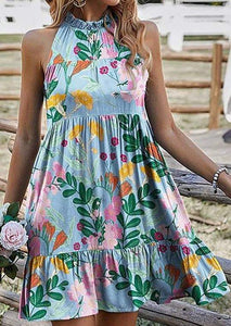 Sky Blue Floral Ruffle Mock Neck Dress Presale