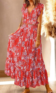 Red Two Piece Ruffle Floral Maxi Set Presale