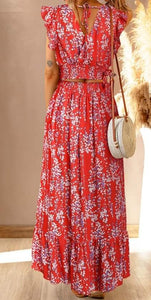 Red Two Piece Ruffle Floral Maxi Set Presale