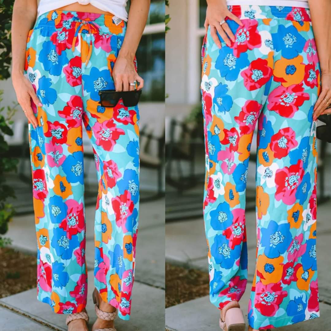 Blue Tropical Floral Abstract Pants Presale