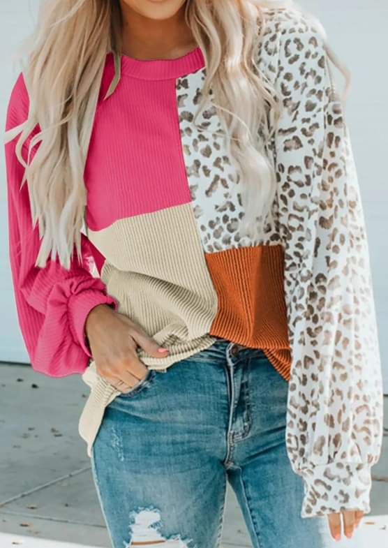 Leopard Rose Ribbed Patchwork Top Presale