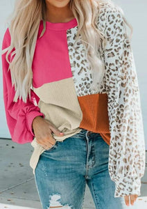 Leopard Rose Ribbed Patchwork Top Presale