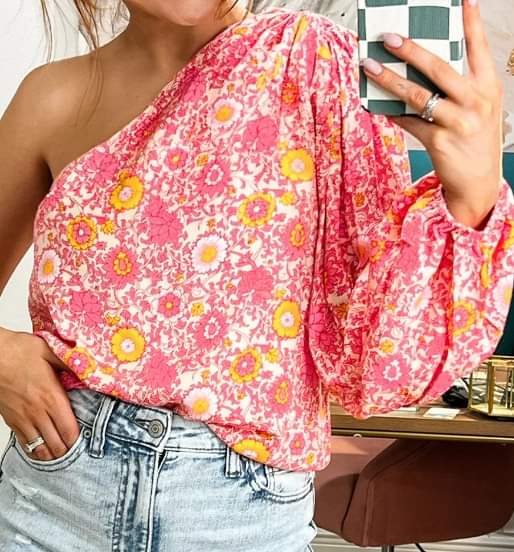 Pink Floral One Shoulder Blouse Presale