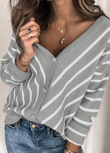 Gray Stripe V Neck Cardi Presale