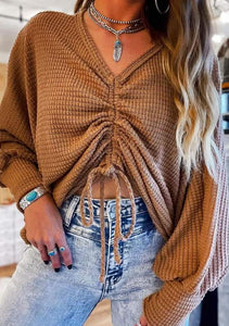 Brown Drawstring Waffle Top Presale