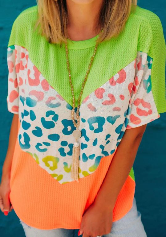 Green Leopard Colorblock Top Presale