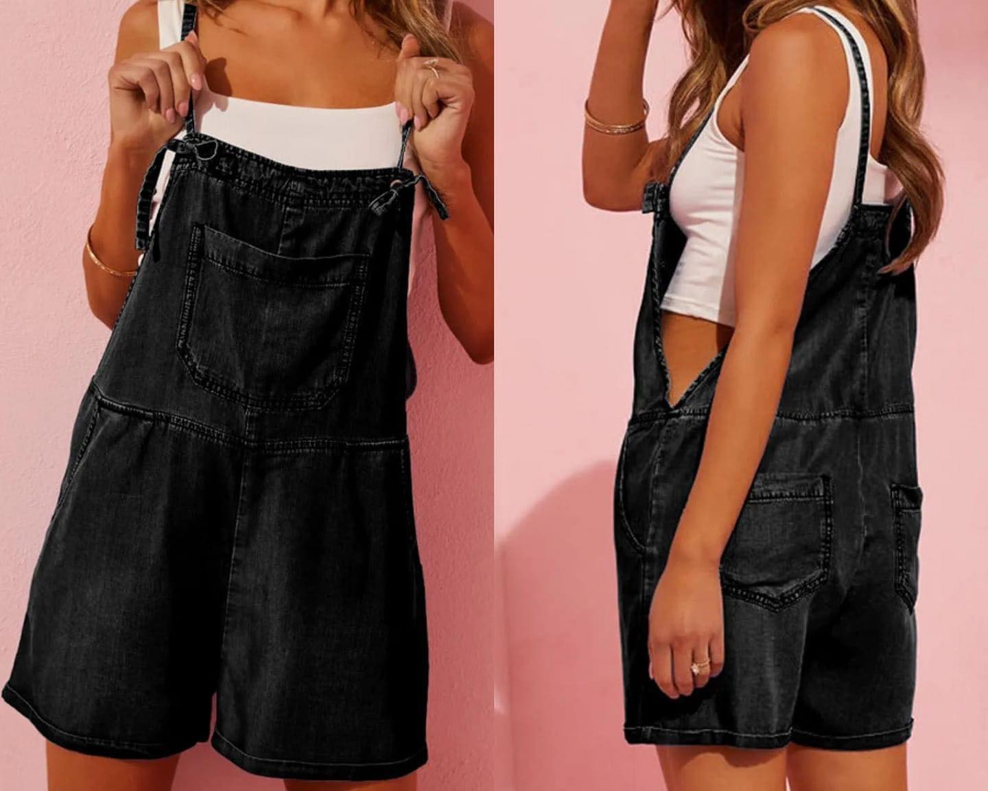 Black Grommet Tie Straps Casual Denim Romper Presale