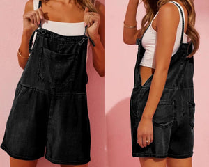 Black Grommet Tie Straps Casual Denim Romper Presale