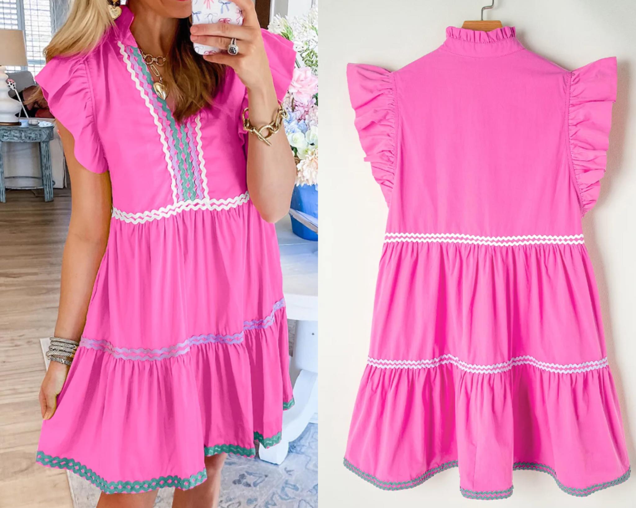 Strawberry Pink Colorblock Flutter Sleeve V Neck Tiered Dress Presale