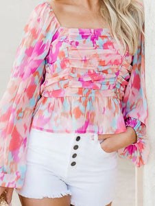 Watercolor Ruched Square Neck Blouse Presale